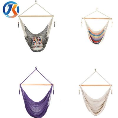 China Outdoor Furniture Amazon Hot Sale Indoor and Outdoor Net Swing Rope Cotton Chair Hammock Hanging Chair with Wood Stretcher for sale