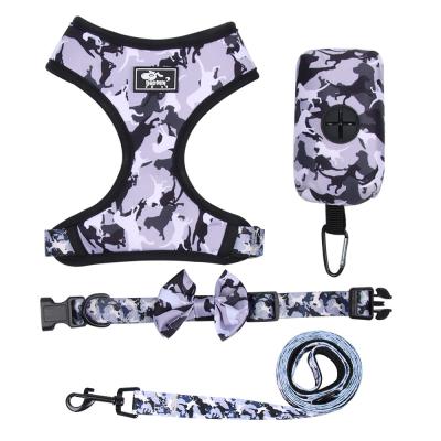 China 2021 4pcs-in-1 Luxury High Quality Padded Gray Camouflage Printed Dog Vest Leash Harness Set for sale