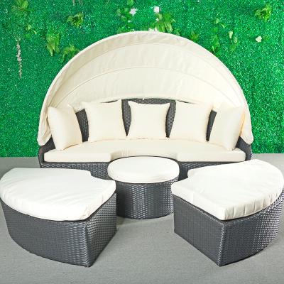 China Modern Outdoor Rattan Furniture Hotel Pool Sectional Daybed With Canopy Metal Frame Folding Bed Wicker Beach Patio Sofa Bed for sale