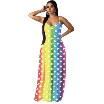 China Dresses 2021 New Summer Fashion Breathable Casual Halter Straight Rainbow Striped Colorful Long Dresses for sale