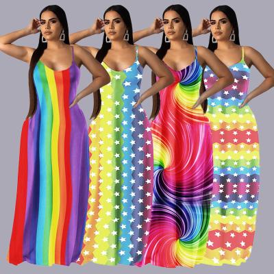 China Fashion Breathable Casual Halter Summer Dresses Straight Rainbow Striped Colorful Long Dresses for sale