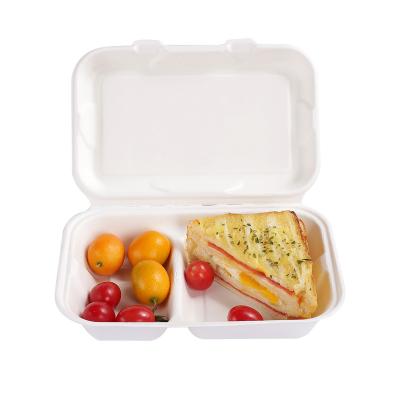 China Disposable 9x6 Inch 2 Compartment Eco-friendly Bagasse Paper Box China Bagasse Paper Pulp Top Blocks for sale