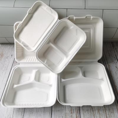 China Disposable Bagasse Container 9 Inch 3 Compartment Biodegradable Clamshells Eco Friendly Disposable Bagasse Bagasse Take Out Box for sale