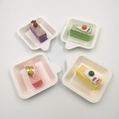 China Disposable 100% Biodegradable Bagasse Paper Pulp Cake Tray Disposable Square Dishes Plate Set Trays for sale