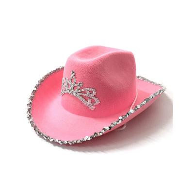 China Pink Plush Rhinestone Pearl Plush Stuffed Fashion Denim Shining Luxury Cowboy Hat for sale