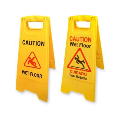 China 24 Inch Double Side Yellow Wet Bilingual Caution Floor Sign Sturdy Plastic Foldable Sturdy Warning Signs For Commercial Use for sale