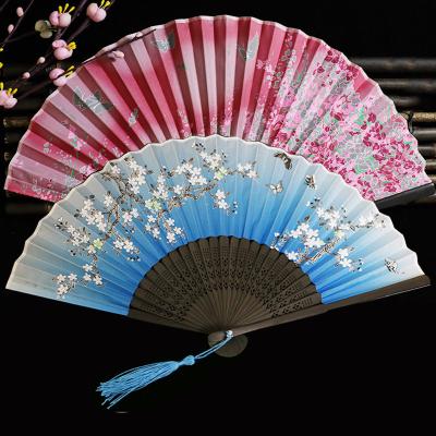 China Chinese Japanese Bamboo Folding Silk Fan Retro Vintage Tassel Dance Hand Fan Decoration Ornament Craft Home Gift for sale