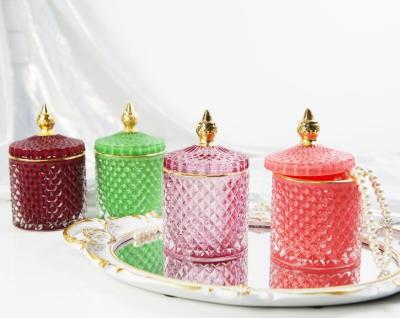 China Religious Activities Wholesale Customized Luxury Empty Embossed Glass Candle Jars Box Lids Cut Gold Plated Candle Jar for sale