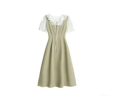 China Sustainable Custom Splice Color Girdling Pleated Short Sleeve Dress for sale