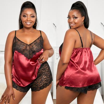 China New Breathable Arrive 2022 plus size lingerie women ladies wholesale custom exotic adult plus size 2 piece lace silk satin nightwear for sale