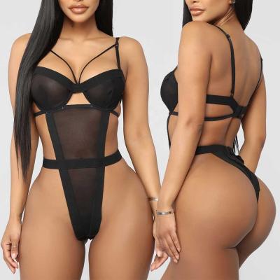 China New Cheapest Quality Spandex/Polyester One Piece Woman Lingerie Teddy V Lace Nylon Siamese Cutout Deep Back Sheer Catsuit for sale