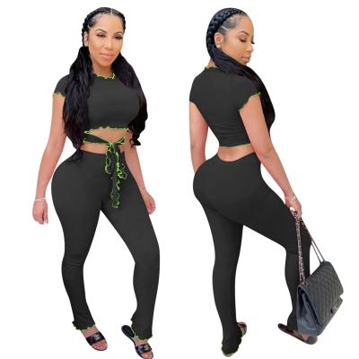 China Plus size women's clothing 2021 high elastic yarn wavy short-sleeved pants set nightclub two-piece women's pants set for sale