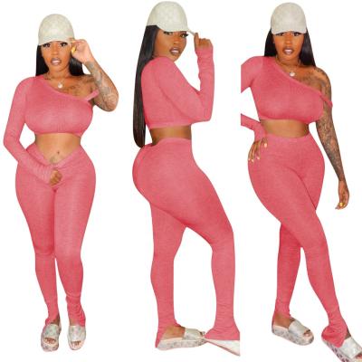 China Plus Size 2021 Fashion Women's Casual Yarn Top Two-Piece Pants Set Nightclub Stripe Elastic Long Sleeve Pants Suit for sale