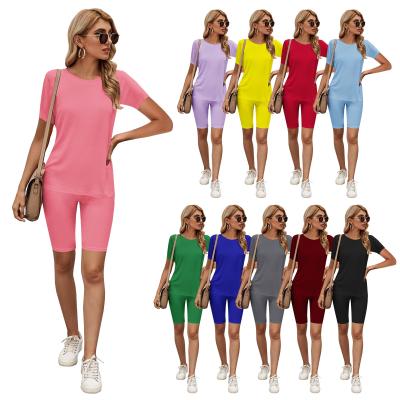 China Plus size women's clothing 2021 solid color sports and leisure T-shirt shorts suit two-piece cotton pant set 10colors for sale