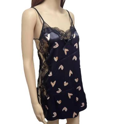 China WSB077 Hot Sexy Nightgown OEM Customized Thin Heart Pattern Ribbon On Body Sides Quality Satin And Lace Up Women Sleepwear for sale