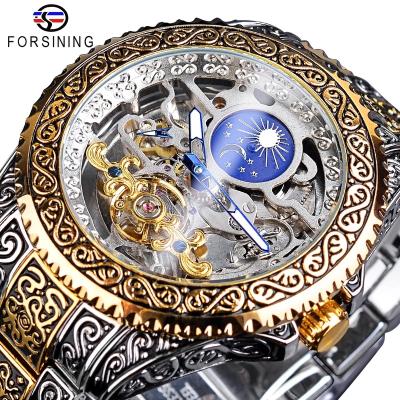 China Forsining Moon Phase Watch Hollow Men's Retro Mechanical Wrist Watch Luxury Engraving Moon Phase for sale