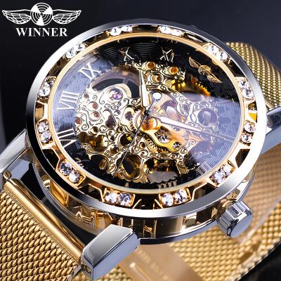 China Luxury Mechanical Gold Top Brand Crystal Mesh Slim Stainless Steel Band Mechanical Watch Crystal Mesh Slim Stainless Steel Band Alarm ODM/OEM Winner Men's Watches Hand Wind Wr for sale