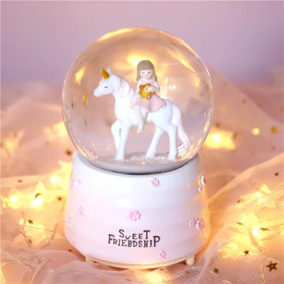 China Hot Selling Europe Gift 100mm Fairies Water Globes Music Box Custimized Unicorn Snow Globes For Girls for sale