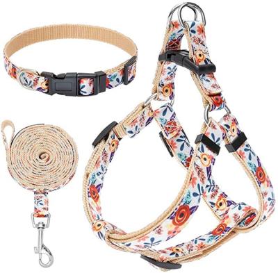 China Custom Polyester Floral Print Heavy Duty Logo Cats Harness Dog Harness and Leash Set with Collar for sale