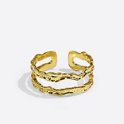 China Vintage Nickel Free Lead Free Gold Plated Double Layered Geometric Adjustable Rings Irregular Lines Rings For Women for sale