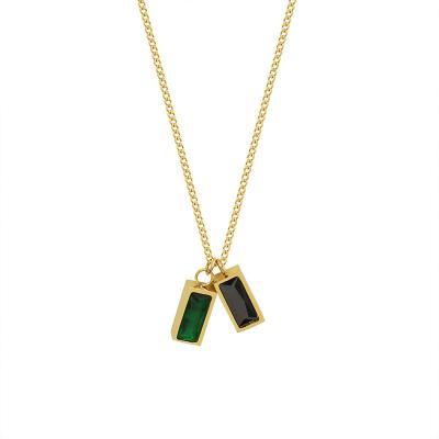 China Long Keeping Stainless Steel Jewelry 18k Gold Color Plated Green Zircon Square Pendant Necklace For Women Gifts for sale