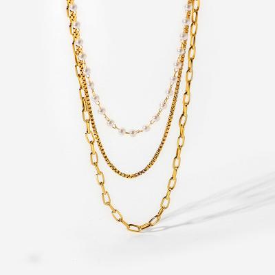 China Long Color Keeping New Fashionable 18K Gold Plated Stainless Steel Jewelry Three Layers Bead Chain Necklace for sale