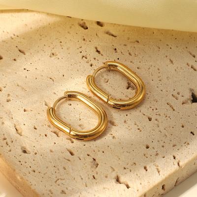 China Long Color Keeping 14K Gold Plated Stainless Steel Oval Circle Earrings U Shape Chunky Huggie Earrings Geometric Jewelry for sale