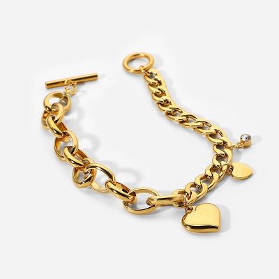 China Fashionable Non-fading 18K Gold Plated Stainless Steel Bracelet Jewelry Love Heart OT Clasp Cuban Chain Bracelet for sale