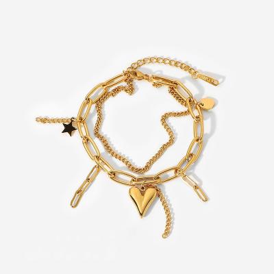 China Non-fading 18K Gold Plated Stainless Steel Jewelry Bangle Double Layer Love Heart Star Bracelet For Women for sale