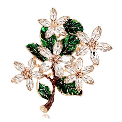 China New Arrivals Jewelry Crystal Flower Brooch Enamel Green Leaf Pin Luxury Brooch Pin Vintage for sale