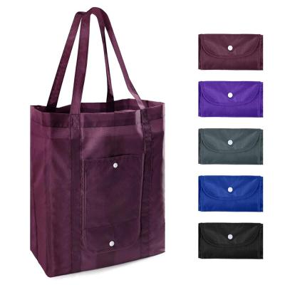 China Eco Friendly Reusable Long Reinforced Handles Machine Washable Grocery Foldable Tote Bags With Pocket Bulk for sale