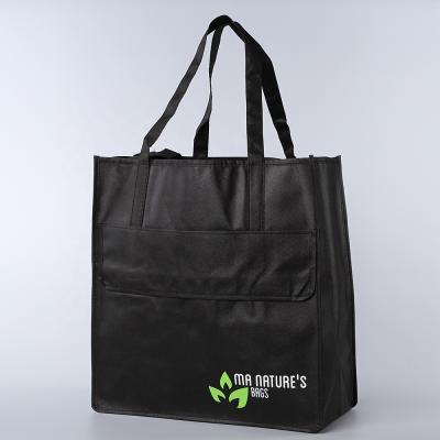 China Large recycled black non woven material handled cheap reusable promotion grocery bag with custom logo and front poceket for sale