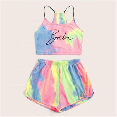 China QUICK DRY Tie Dye Print 2 Piece Set Summer Gradient Color Casual Crop Top Wide Leg Shorts Pants Set Beach Wear Women Tracksuit for sale