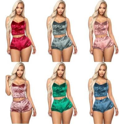 China Breathable Women Sexy Velvet Pajamas Sets Ladies Lace Up V Neck Crop Tops Shorts Sleepwear Lingerie Pajamas Sets for sale