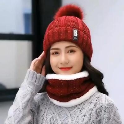 China COMMON Outdoor Women's Winter Hat Covers Wool Knitted Warm Scarf Pom Pom Hat Scarf Set Thick Windproof For Women for sale