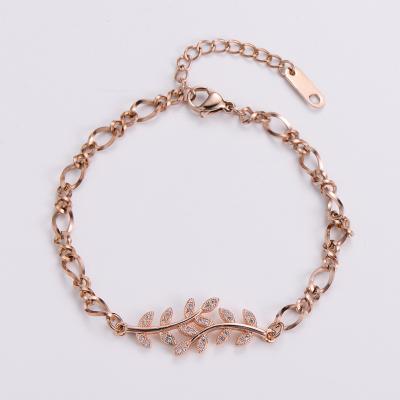 China FASHIONABLE Custom Design Jewelry Accessories Rose Gold Plated Stainless Steel Crystal Leaf Bracelet for sale