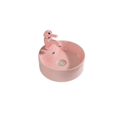 China Eco-friendly Colored Round Sink Eco-friendly Kindergarten Schoolboy Kids Ceramic Color Bright Wash Basin With Single Hole for sale