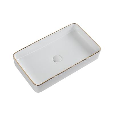 China Eco-Friendly Luxury Sanitary Line Rectangle Designer Countertop Ceramic Wash Hand Basin Gold Bathroom Ware Basin for sale