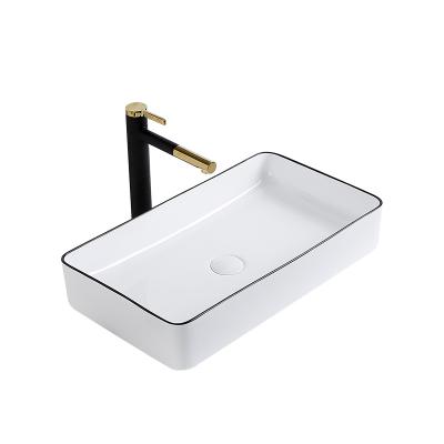 China Black Rectangular Ceramic Countertop Wash Basin Sink Eco-Friendly Commercial Modern Bathroom Black Line for sale