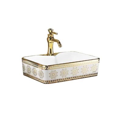 China Dubai Ceramic Retro Style Hotel Wash Face Toilet Gold Sink Eco-friendly Rectangular Basin Faucet for sale