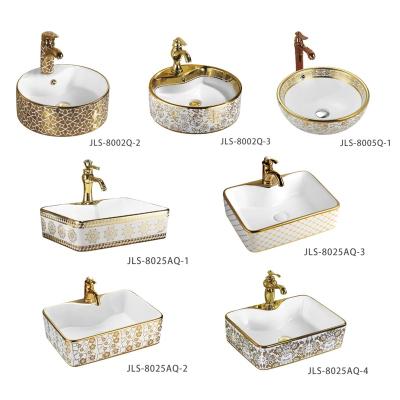 China Lavatory Faucet Basin Gold Circular Eco-friendly Copper Hand Wash Ceramic Villa Home Hotel Bathroom Sinks Countertop Single Hole Round for sale