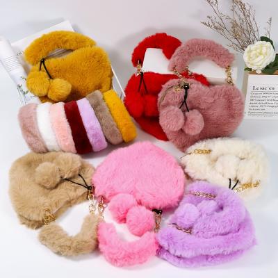 China Designer Branded Fur Headbands Ladies Heart Handbags Women Lady Luxury Fashionable Plush and Purse Bag Sets for sale