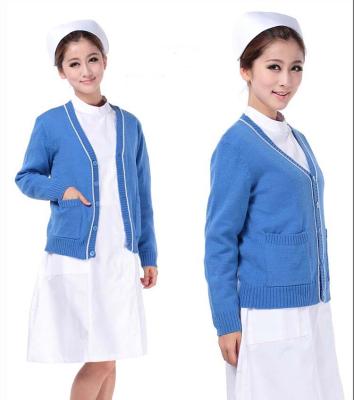 China Hospital Long Sleeves Warm V-neck Blue Nurse Sweater Uniform for sale