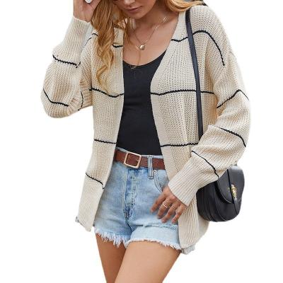 China Cheap Autumn And Winter 2021 Women Anti-wrinkle Sweater Cardigan Lady Stripe Coat for sale