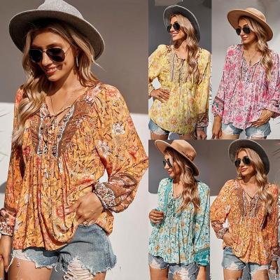 China Xiuye ​​Design Anti-pilling Long Sleeve Blouse Commuter Fashionable Colorful Floral V-Neck Shirt for sale