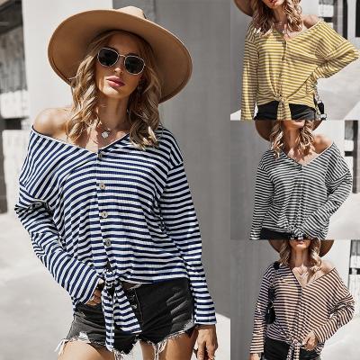 China Anti-pilling White Stripe Womens Spring And Sleeve Navy Long Blouses With Buttons Casual Tops for sale