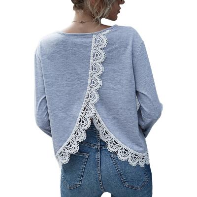 China Wholesale Anti-Shrink Cotton Long Sleeve T-Shirts Breathable Slim V-Neckline For Women Homecoming Simple Tees With Lace for sale