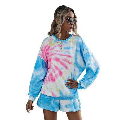 China QUICK DRY Digital Printing Women Round Neck Long Sleeve Sweater Shorts Casual Streetwear Tie Dye Printing Two Piece Suit for sale