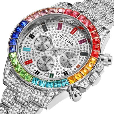 China Colorful Zircon Watch Newest Design PINTIME Alarm Top Quality Luxury Watches Multiple Dials Stainless Steel for sale