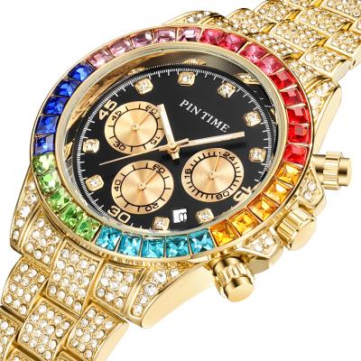 China Top Selling Alarm Goods Using Diamond Unisex Womens Gold Luxury Colorful Quartz Watch New Hip Hop Jewelry PINTIME for sale